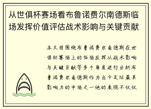从世俱杯赛场看布鲁诺费尔南德斯临场发挥价值评估战术影响与关键贡献