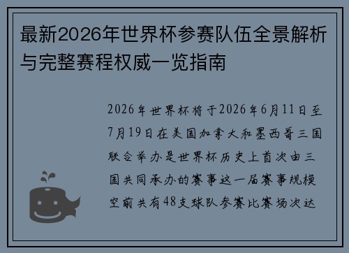 最新2026年世界杯参赛队伍全景解析与完整赛程权威一览指南