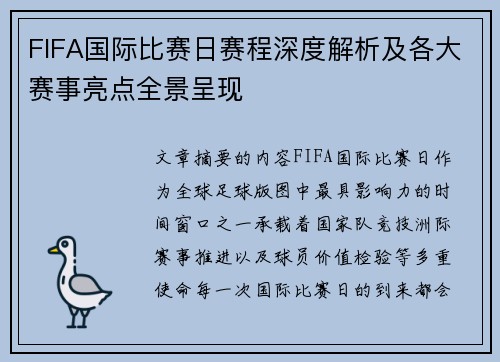 FIFA国际比赛日赛程深度解析及各大赛事亮点全景呈现